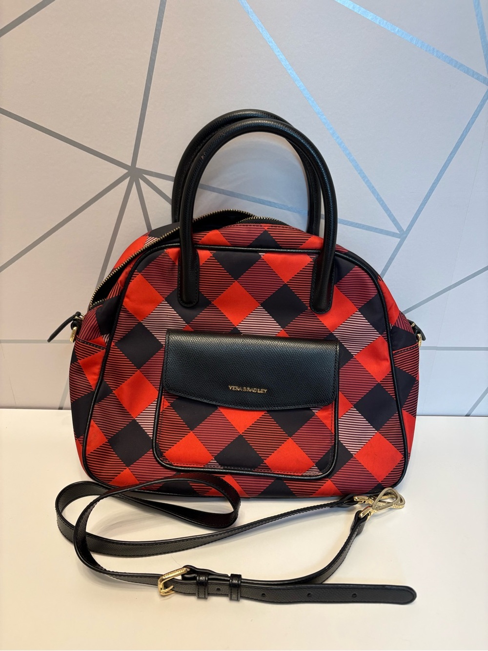 Vera Bradley Red and Black Buffalo Check Plaid Dome Satchel with Gold Hardware